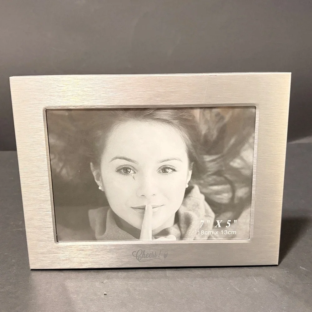 Brushed Silver Metal 5x7 Picture Frame Cheers Engraved Wine Glass Tabletop